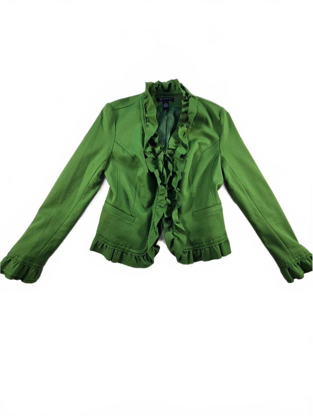 Green Ruffle Zip-Up Stretch Blazer S Y2K Goblincore Corporate Fairy Dopamine